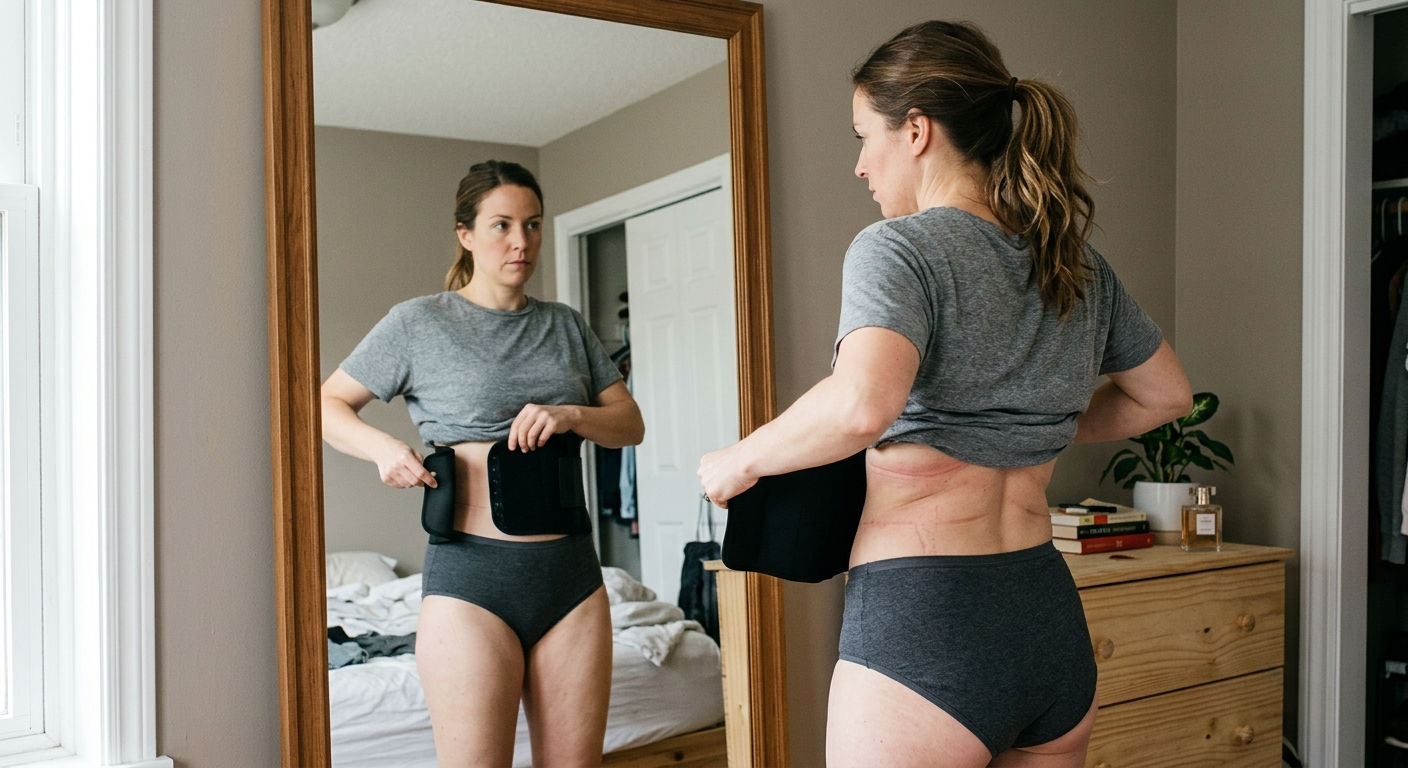 femme regardant l'effet temporaire d'une gaine ventre plat