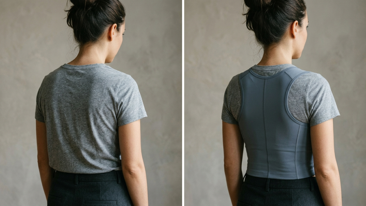 Femme portant un vêtement postural pour le maintien du dos