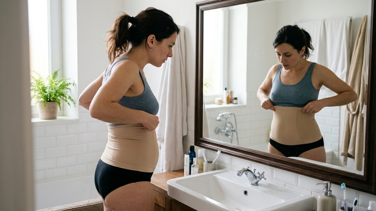 Femme portant une gaine amincissante devant le miroir